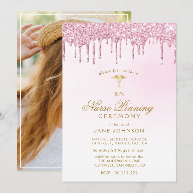purple pink glitter Nurse pinning ceremony Invitation (Front/Back)