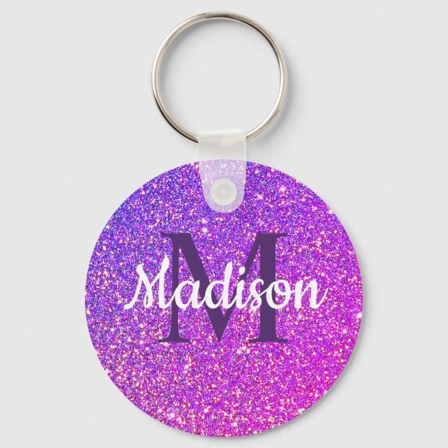 Purple Pink Glitter Ombre Chic Monogram Name Keychain (Front)