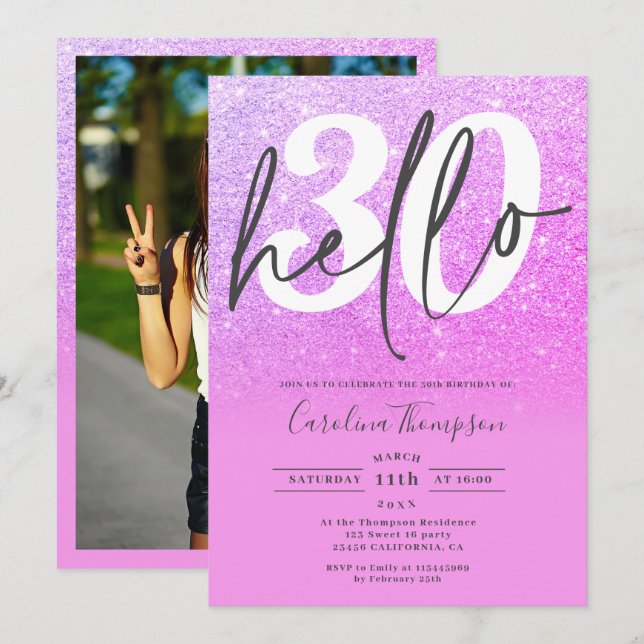 Purple pink glitter ombre gradient photo hello 30 invitation (Front/Back)