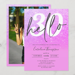 Purple pink glitter ombre gradient photo hello 30 invitation