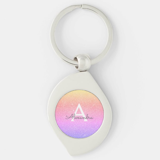 Purple Pink Glitter & Sparkle Monogram Keychain (Front)
