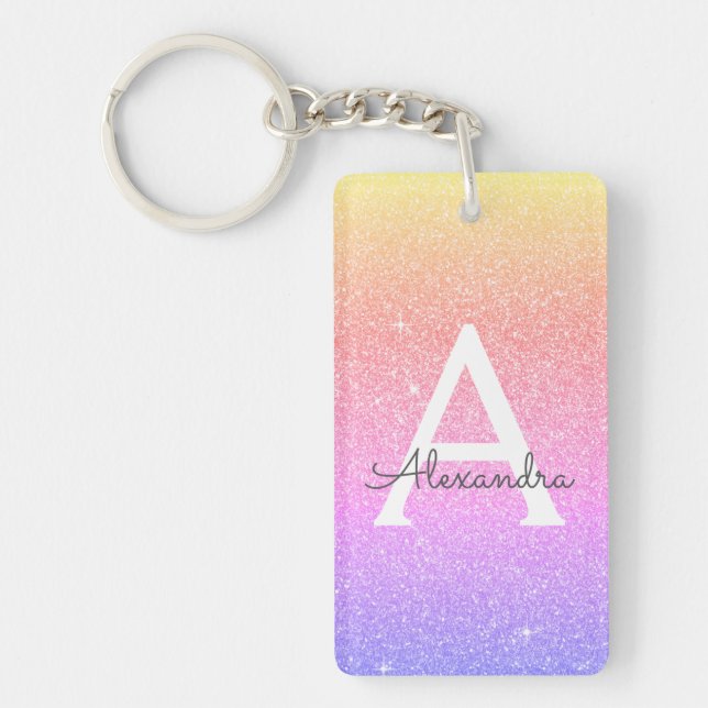 Purple Pink Glitter & Sparkle Monogram Keychain (Front)