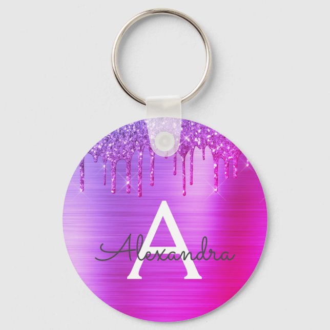 Purple Pink Glitter Stainless Steel Monogram Keychain (Front)