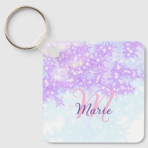 Purple pink glitter star monogram add letter text keychain