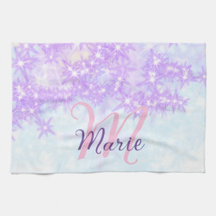 Purple pink glitter star monogram add letter text kitchen towel