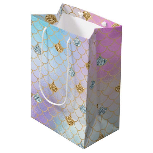 Purple Pink Gold Aqua Glitter Mermaid Sparkle      Medium Gift Bag (Front Angled)