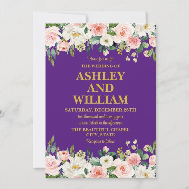 Purple Pink & Gold Boho Bohemian Greenery Wedding Invitation (Front)