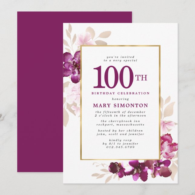 Purple Pink Gold Floral 100th Birthday Invitation (Front/Back)