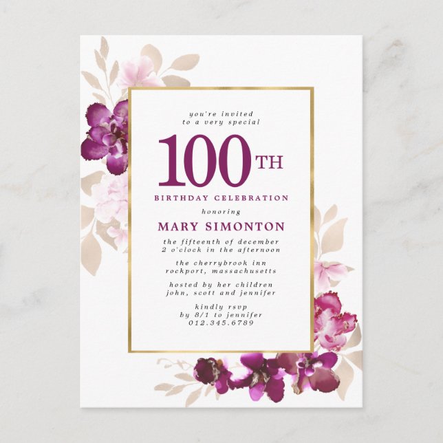 Purple Pink Gold Floral 100th Birthday Invitation Postcard (Front)