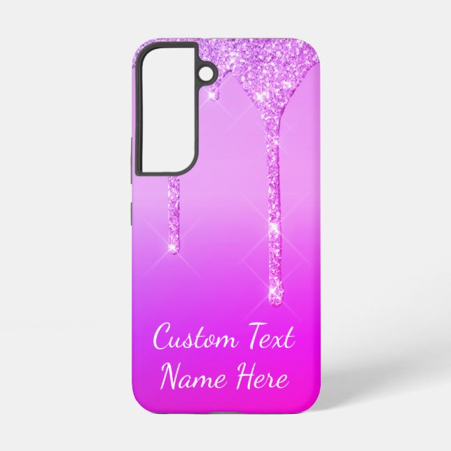 Purple Pink Gold Glitter Drips Custom Text Name Samsung Galaxy S22 Case (Back)