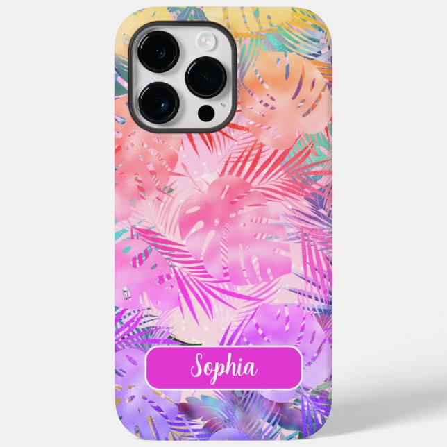 Purple Pink Gold Teal Tropical Leaves, Script Name Case-Mate iPhone Case (Back)