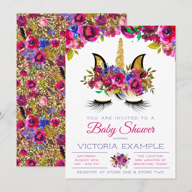 Purple Pink Gold Unicorn Baby Shower Invitations (Devant / Derrière)