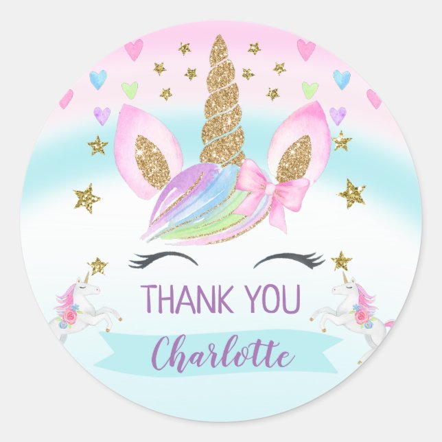 Purple Pink Gold Unicorn Birthday Favor Sticker (Front)