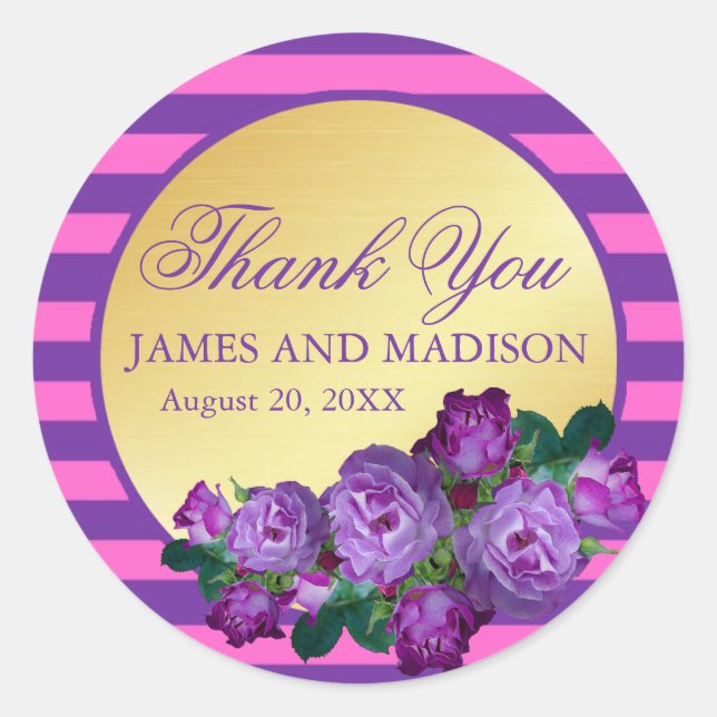 Purple, Pink, Gold Wedding Personalized Thank You Classic Round Sticker (Front)