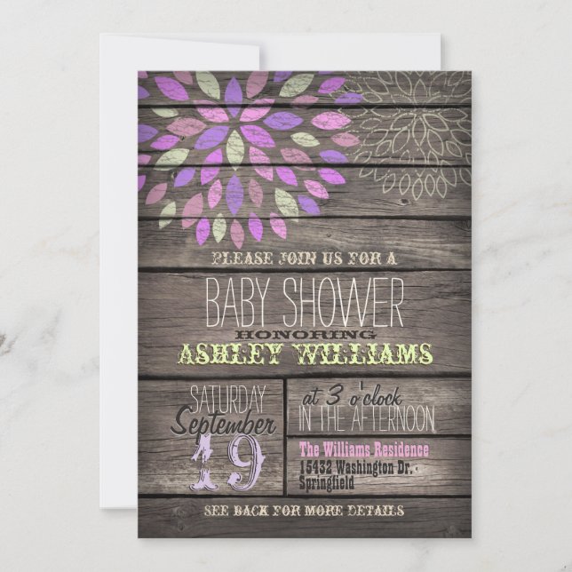 Purple, Pink, Green Flower Rustic Wood Baby Shower Invitation (Front)