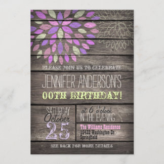 Purple, Pink, Green Flower Rustic Wood Birthday Invitation