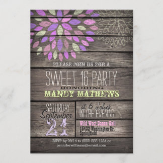 Purple, Pink, Green; Rustic Wood Sweet 16 Party Invitation