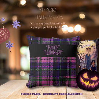 Purple Pink Happy Halloween Plaid Throw Pillow