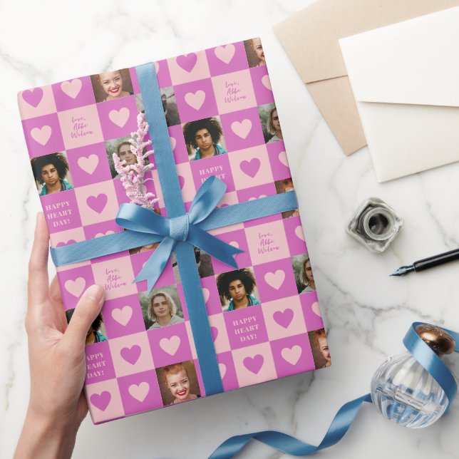 Purple Pink Heart Chequerboard Photos Valentine Wrapping Paper (Gifting)