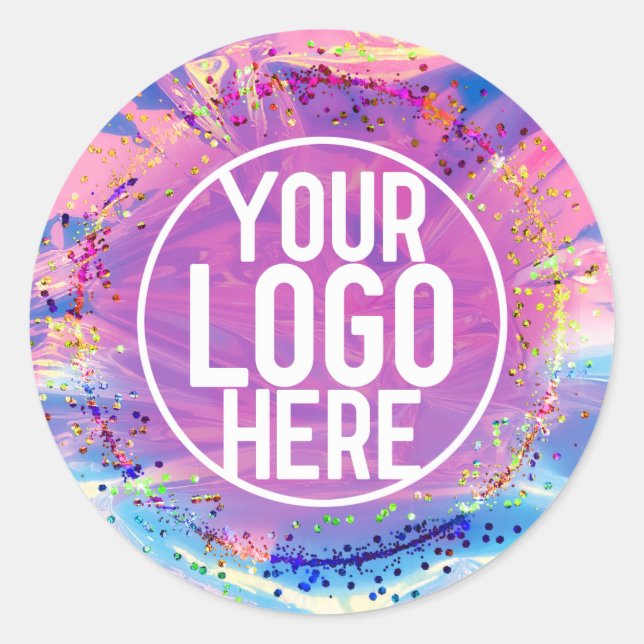 Purple Pink Holograph Glitter Confetti Logo Classic Round Sticker (Front)