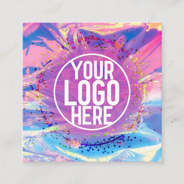 Purple Pink Holograph Glitter Confetti Logo Square Business Card (Front)