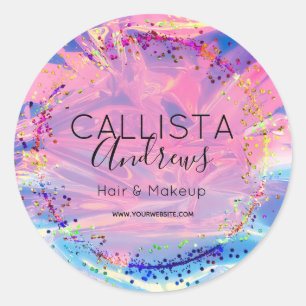 Purple Pink Holograph Glitter Confetti Salon Class Classic Round Sticker
