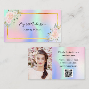 Purple pink holographic floral photo qr code business card