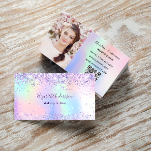 Purple pink holographic photo qr code business card