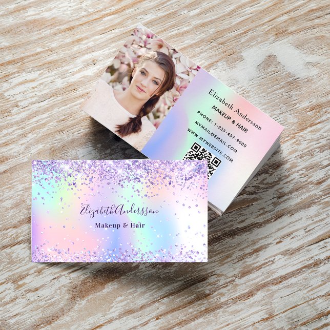 Purple pink holographic photo qr code business card (Creator Uploaded)
