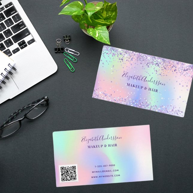 Purple pink holograpic glitter makeup hair qr code business card (Creator Uploaded)
