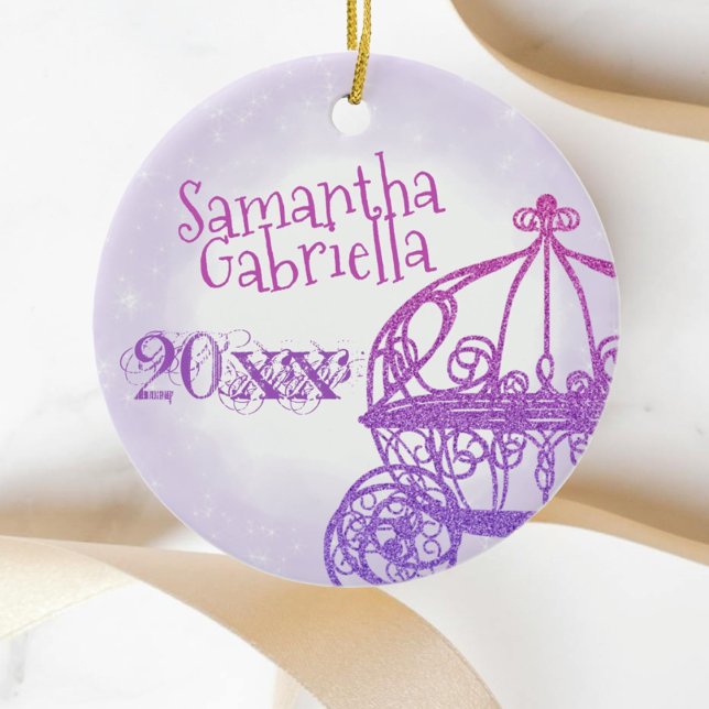 Purple, Pink Horse Carriage Christmas  Ceramic Ornament (purple quinceanra christmas ornament quinceanera princess gift horse carriage cute personalized name)