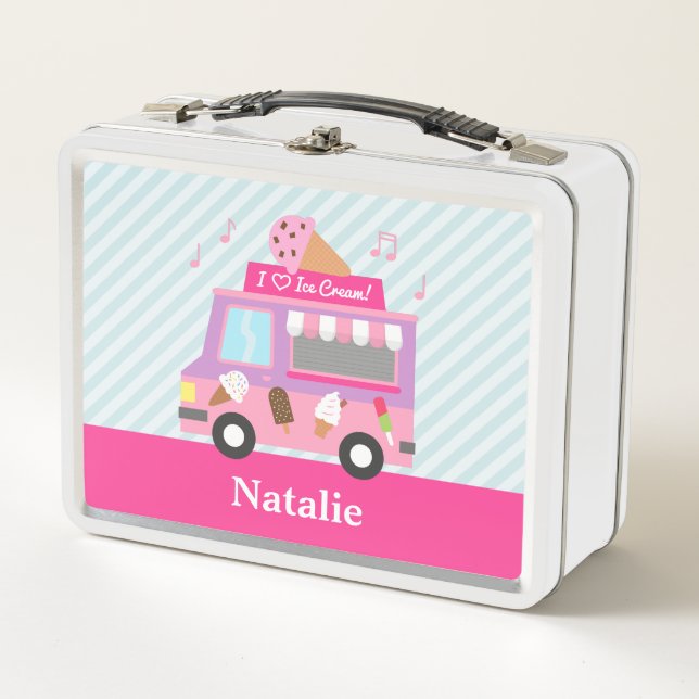 Purple Pink Ice Cream Truck Girls Personalized Metal Lunch Box (Front)