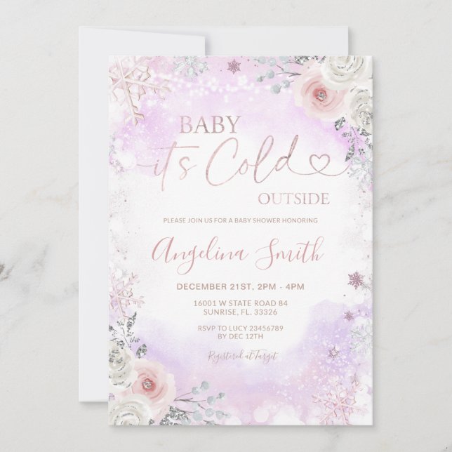 Purple Pink It’s Cold Outside Winter Baby Shower  Invitation (Front)