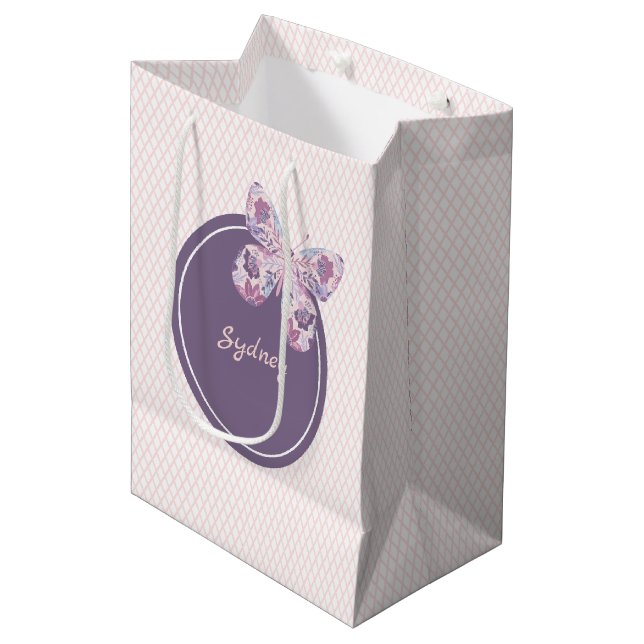 Purple Pink Lattice Pattern Personalized Butterfly Medium Gift Bag (Front Angled)