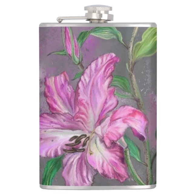 Purple Pink Lily Flowers Flask Lilies Painting (Front)