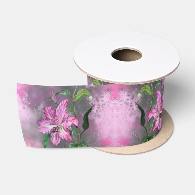 Purple Pink Lily Flowers Ribbon Satin Ribbon (Spool)