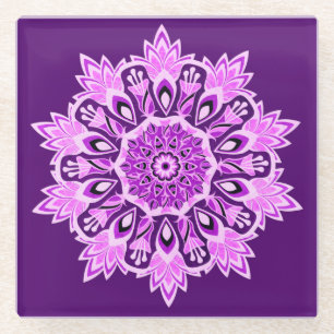 Purple Pink Mandala Boho Beverage Glass Coaster