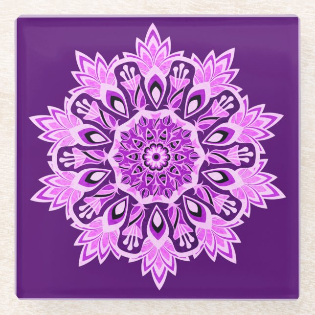 Purple Pink Mandala Boho Beverage Glass Coaster (Front)