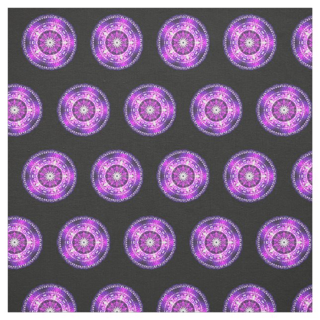 Purple Pink Mandala Design on Black Background Fabric (Swatch)