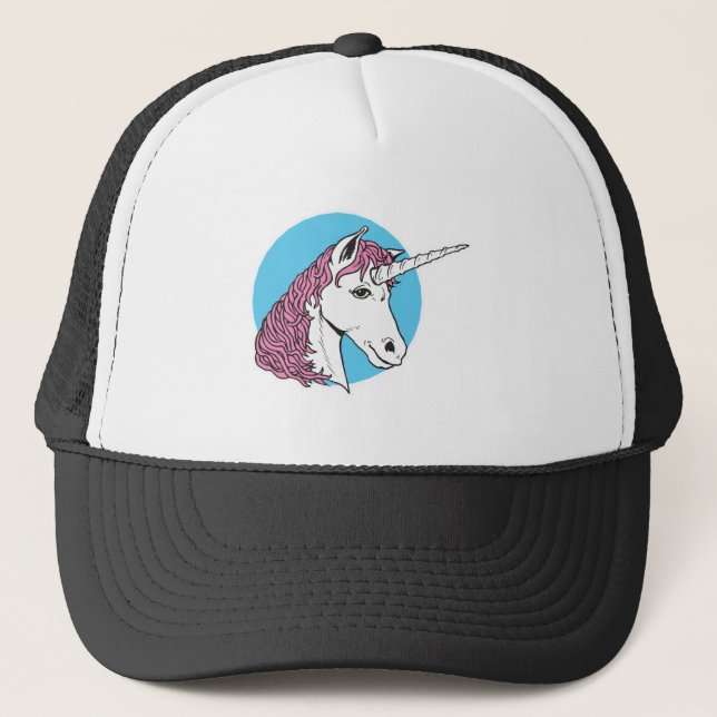 purple/pink mane unicorn head trucker hat (Front)