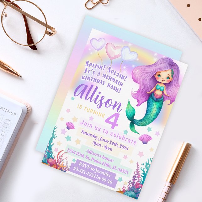 Purple pink mermaid birthday invitation sparkles (Creator Uploaded)