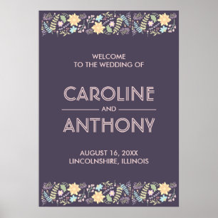 Purple Pink Modern Floral Wedding Welcome Sign