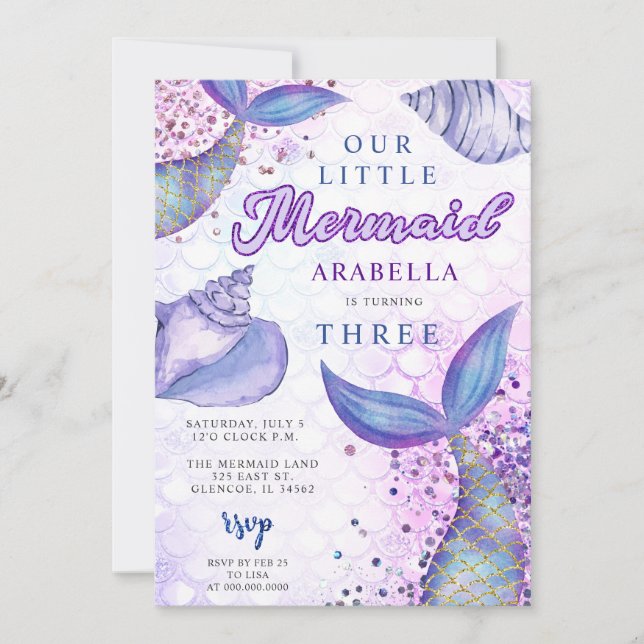 Purple Pink Modern Glitter Mermaid Birthday Invitation (Front)
