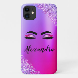 Purple Pink Monogram Glitter Eyelashes Modern iPhone 11 Case