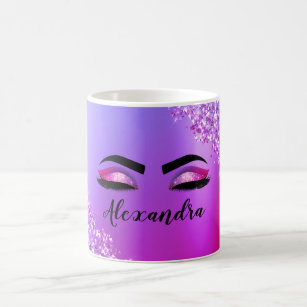 Purple Pink Monogram Glitter Eyelashes Modern Coffee Mug