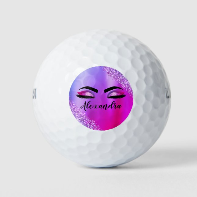 Purple Pink Monogram Glitter Eyelashes Modern Golf Balls (Front)