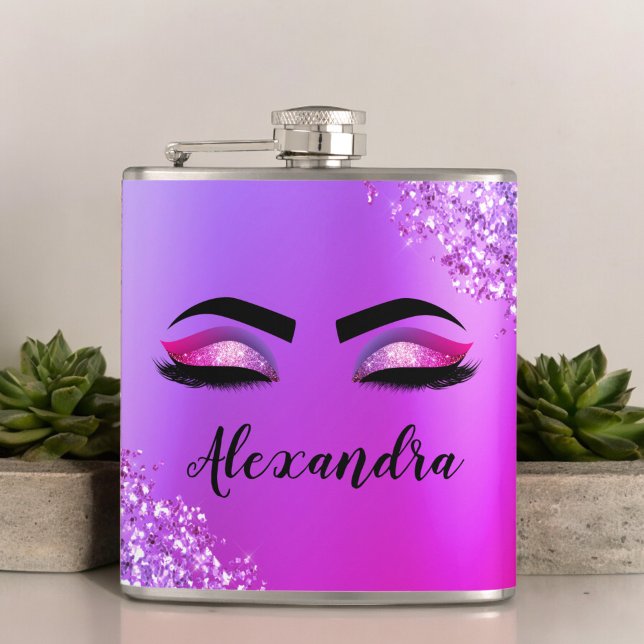 Purple Pink Monogram Glitter Eyelashes Modern Hip Flask (Creator Uploaded)