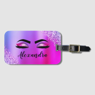 Purple Pink Monogram Glitter Eyelashes Modern Luggage Tag