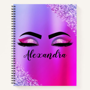 Purple Pink Monogram Glitter Eyelashes Modern Notebook