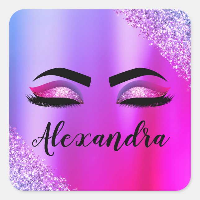 Purple Pink Monogram Glitter Eyelashes Modern Square Sticker (Front)